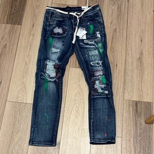 Rue 21 NWT UNISEX distressed painted splatter skinny Blue flex jeans 28x30 30X32